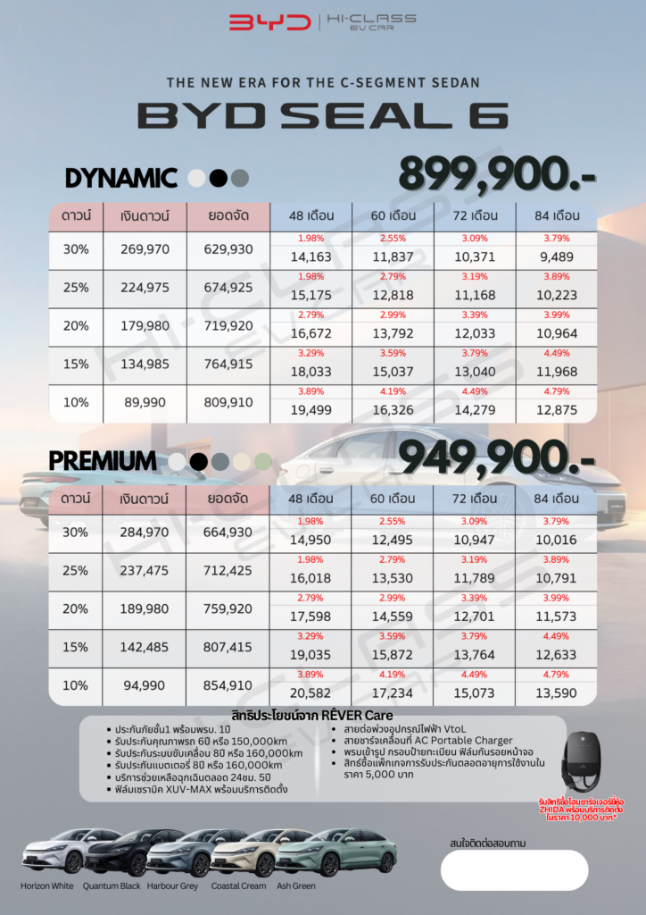 ตารางผ่อน BYD SEAL 6 รุ่น Dynamic และ Premium ปี 2569